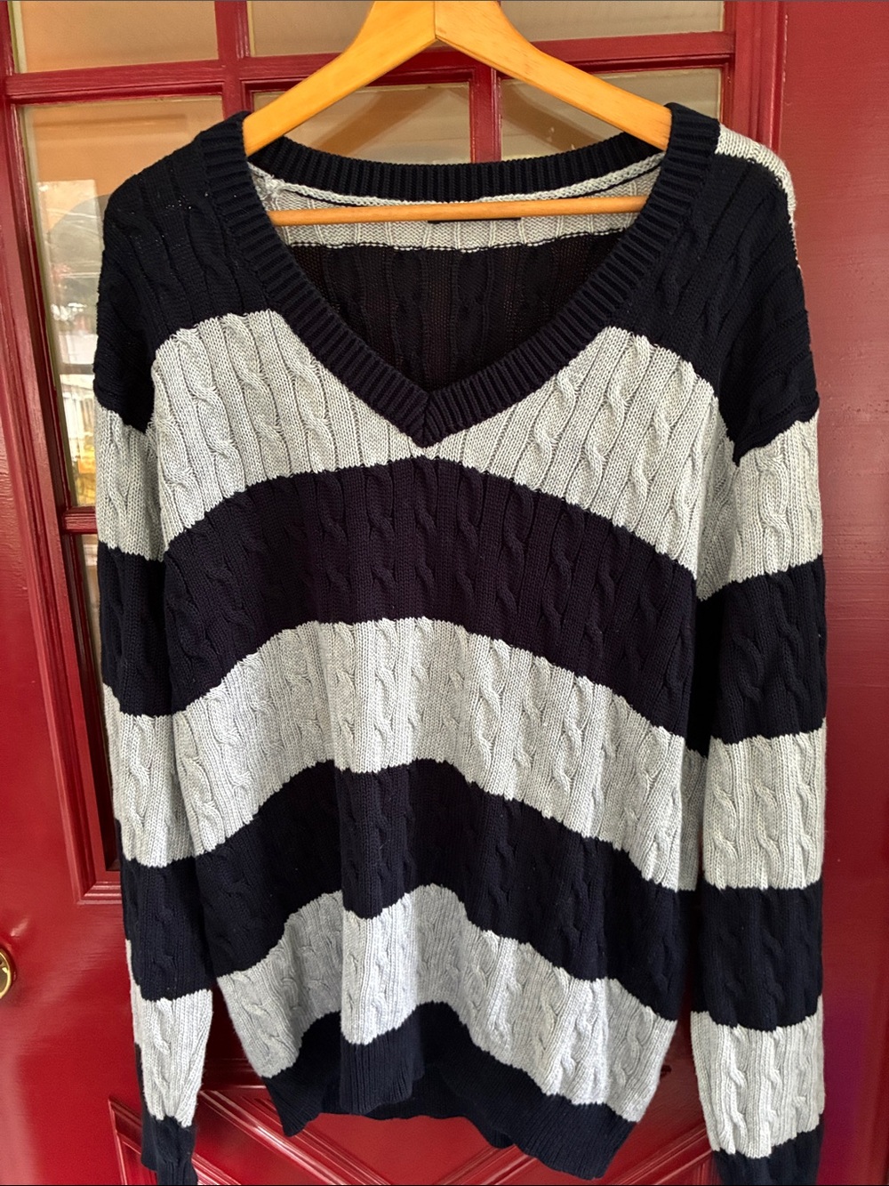 Brandy Melville Black & Light Gray Striped V-Neck Cable Knit Sweater